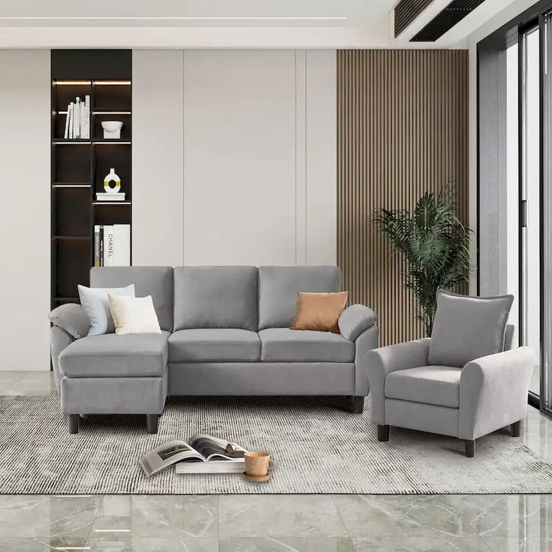 3-teiliges Wohnzimmer-Ecksofa-Set mit Sessel und Hocker