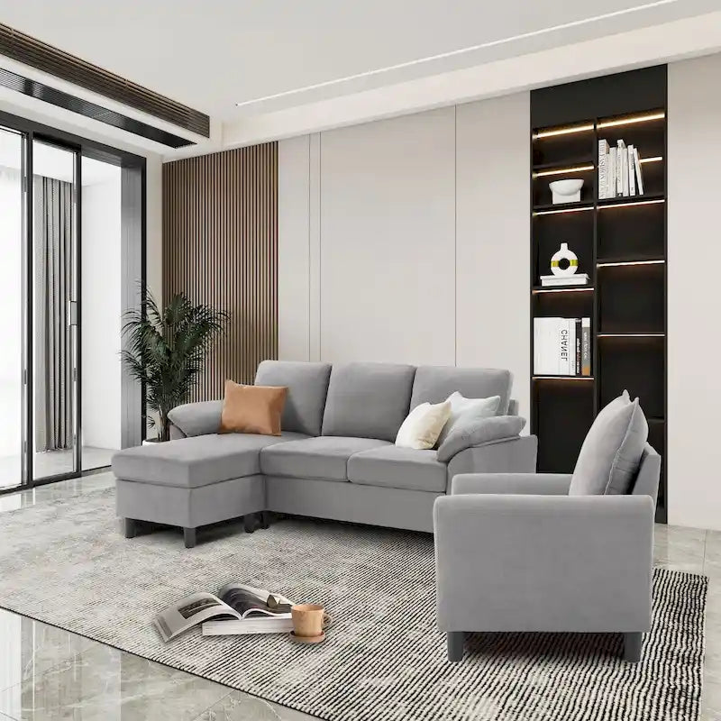 3-teiliges Wohnzimmer-Ecksofa-Set mit Sessel und Hocker