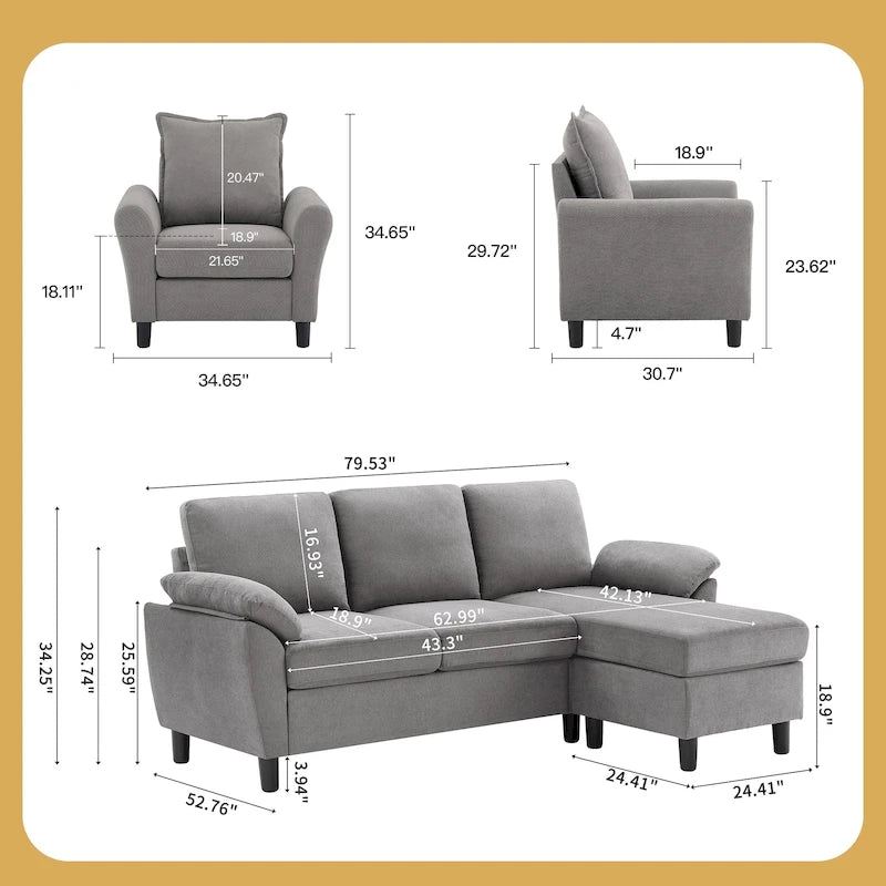 3-teiliges Wohnzimmer-Ecksofa-Set mit Sessel und Hocker