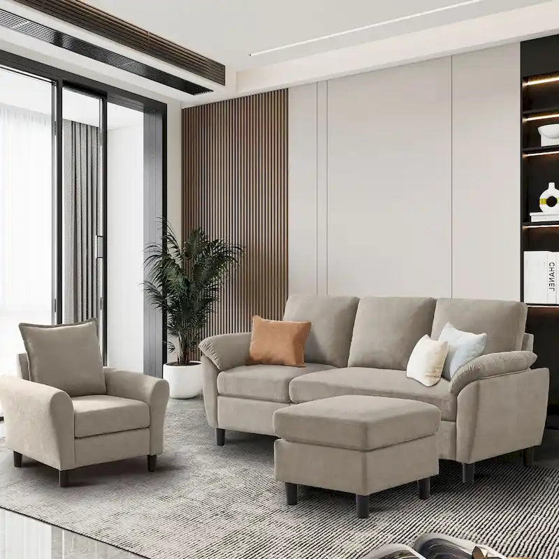 3-teiliges Wohnzimmer-Ecksofa-Set mit Sessel und Hocker