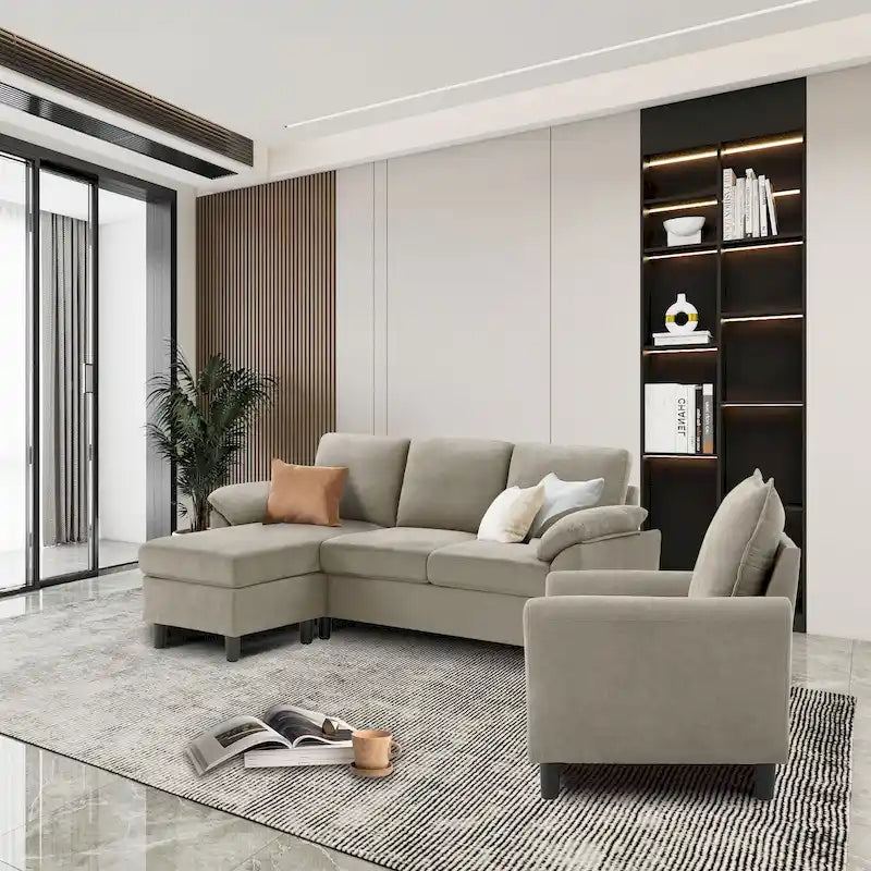 3-teiliges Wohnzimmer-Ecksofa-Set mit Sessel und Hocker