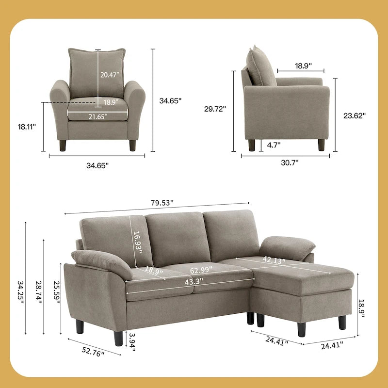 3-teiliges Wohnzimmer-Ecksofa-Set mit Sessel und Hocker