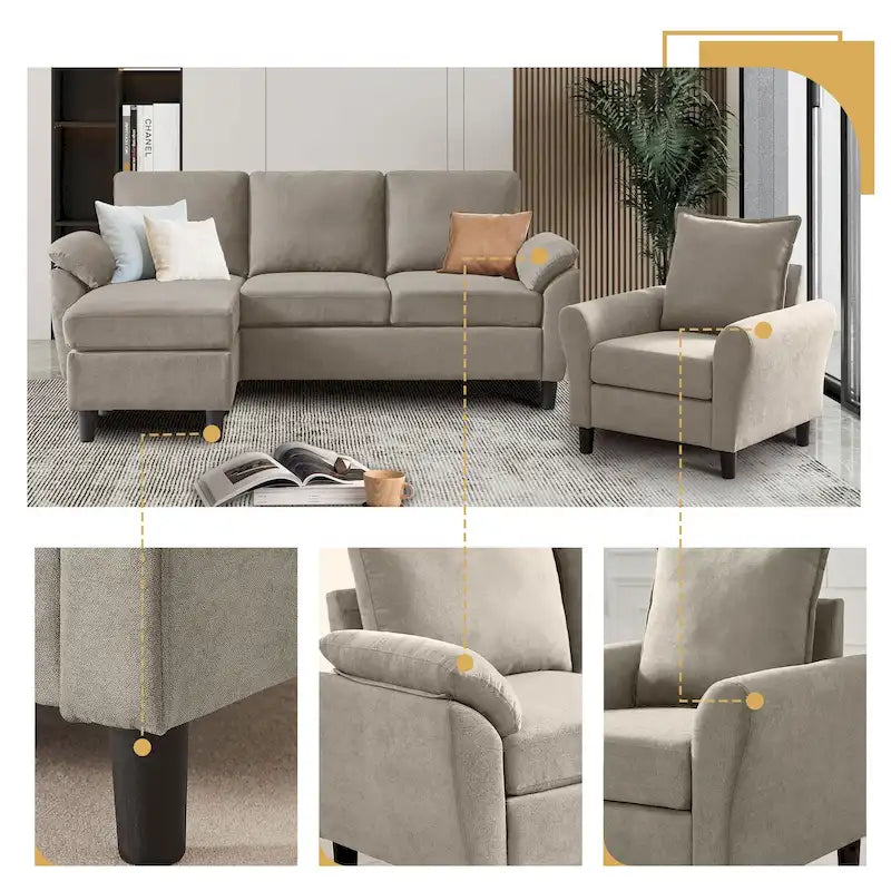 3-teiliges Wohnzimmer-Ecksofa-Set mit Sessel und Hocker