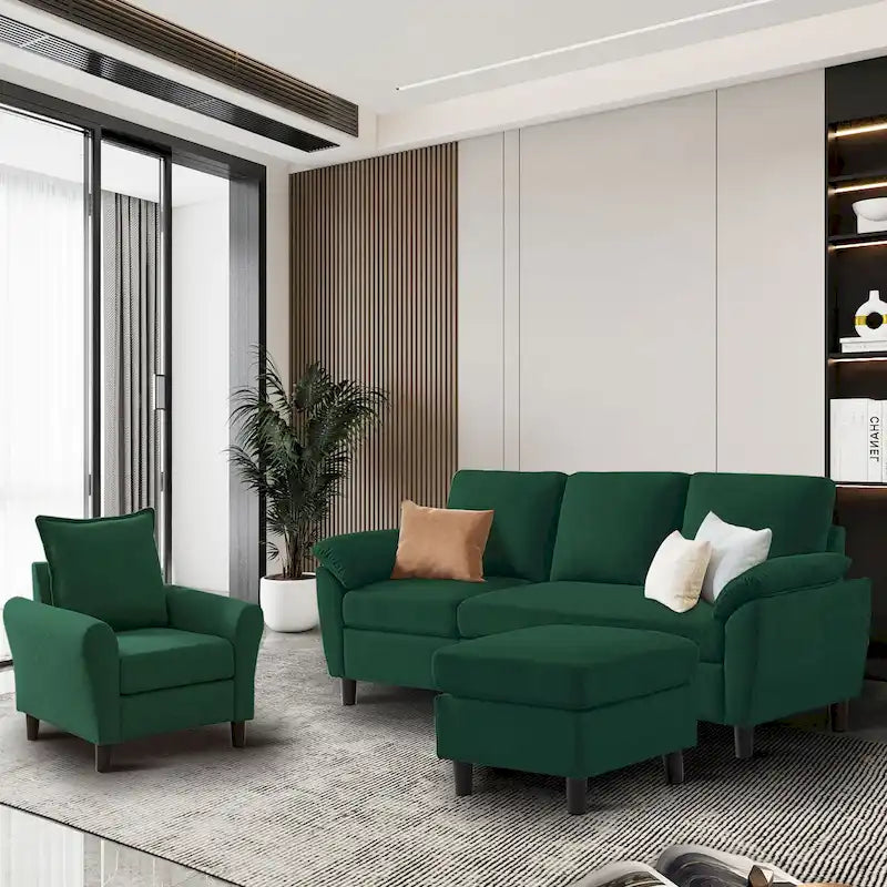 3-teiliges Wohnzimmer-Ecksofa-Set mit Sessel und Hocker