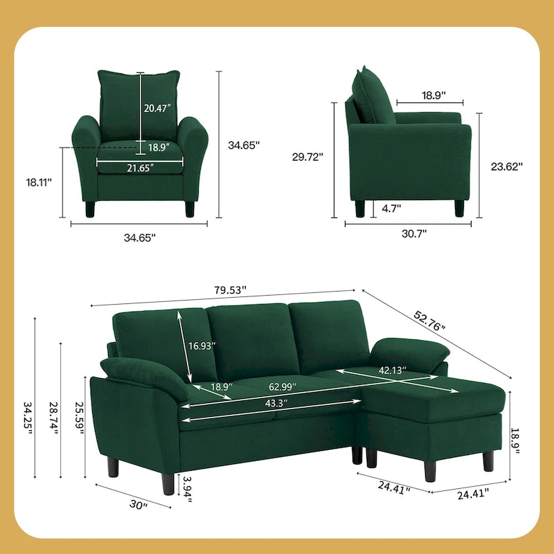 3-teiliges Wohnzimmer-Ecksofa-Set mit Sessel und Hocker