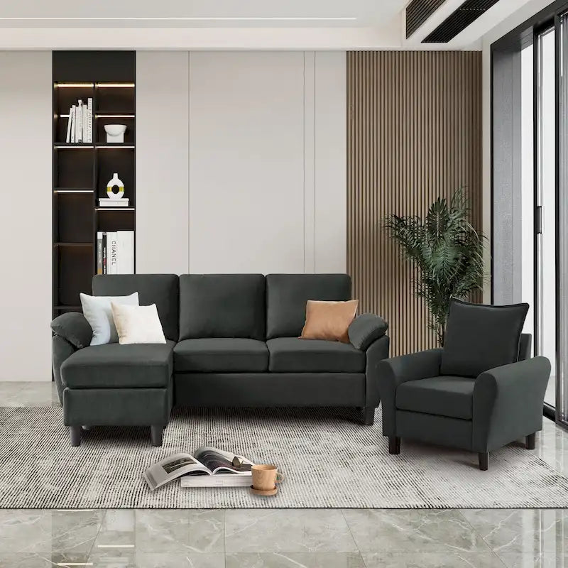 3-teiliges Wohnzimmer-Ecksofa-Set mit Sessel und Hocker