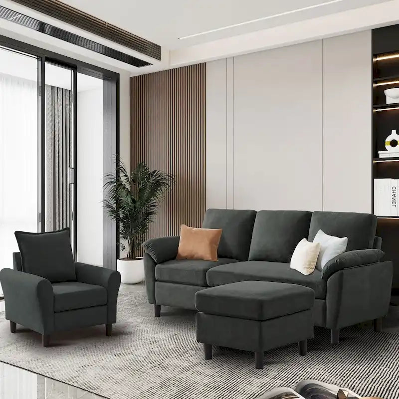 3-teiliges Wohnzimmer-Ecksofa-Set mit Sessel und Hocker