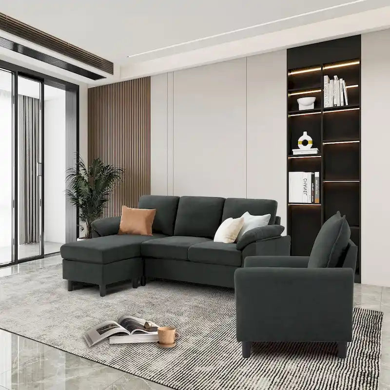 3-teiliges Wohnzimmer-Ecksofa-Set mit Sessel und Hocker