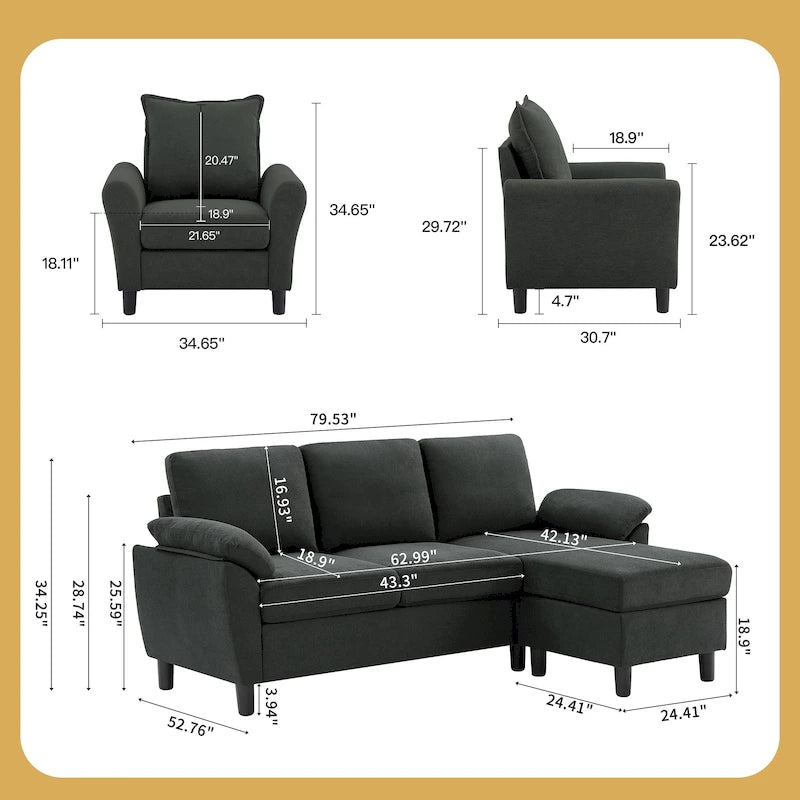 3-teiliges Wohnzimmer-Ecksofa-Set mit Sessel und Hocker