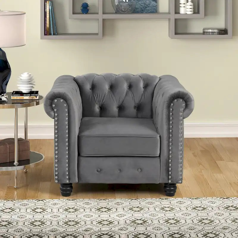 Klassischer, getufteter, samtbezogener Chesterfield-Sessel, Loveseat und Sofa, 3-teilig, mit Nagelkopfverzierung fürs Wohnzimmer von Morden Fort