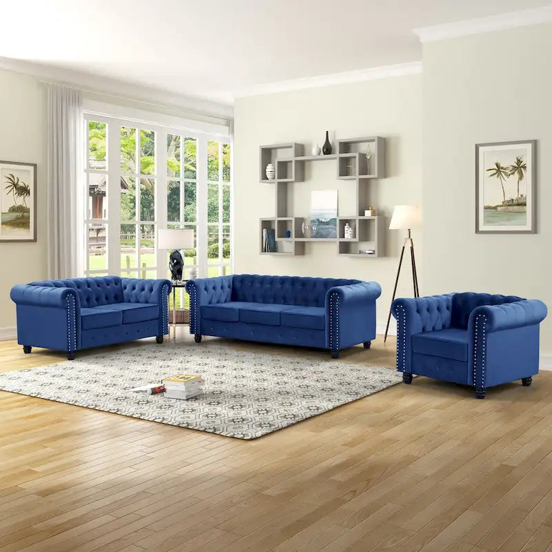 Klassischer, getufteter, samtbezogener Chesterfield-Sessel, Loveseat und Sofa, 3-teilig, mit Nagelkopfverzierung fürs Wohnzimmer von Morden Fort
