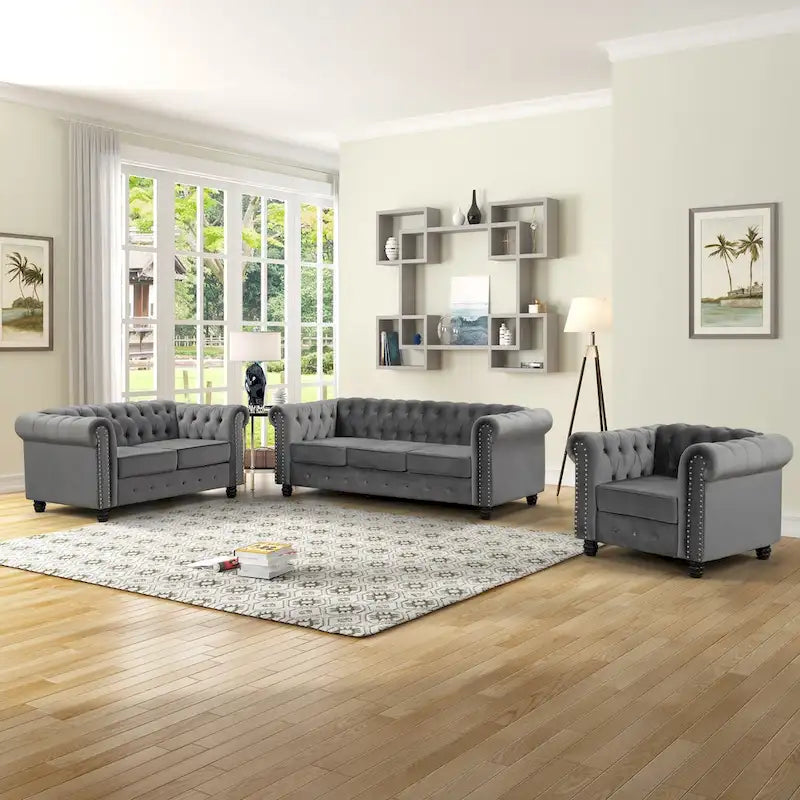 Klassischer, getufteter, samtbezogener Chesterfield-Sessel, Loveseat und Sofa, 3-teilig, mit Nagelkopfverzierung fürs Wohnzimmer von Morden Fort