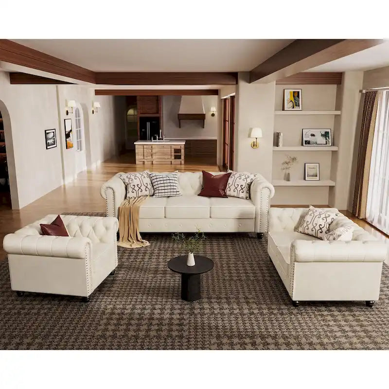 Klassischer, getufteter, samtbezogener Chesterfield-Sessel, Loveseat und Sofa, 3-teilig, mit Nagelkopfverzierung fürs Wohnzimmer von Morden Fort