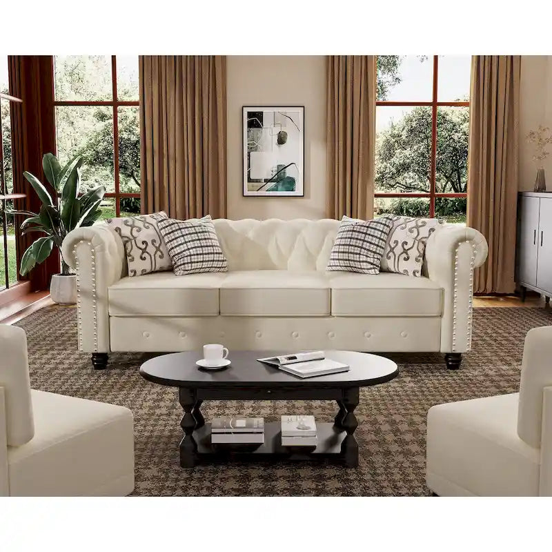 Klassischer, getufteter, samtbezogener Chesterfield-Sessel, Loveseat und Sofa, 3-teilig, mit Nagelkopfverzierung fürs Wohnzimmer von Morden Fort