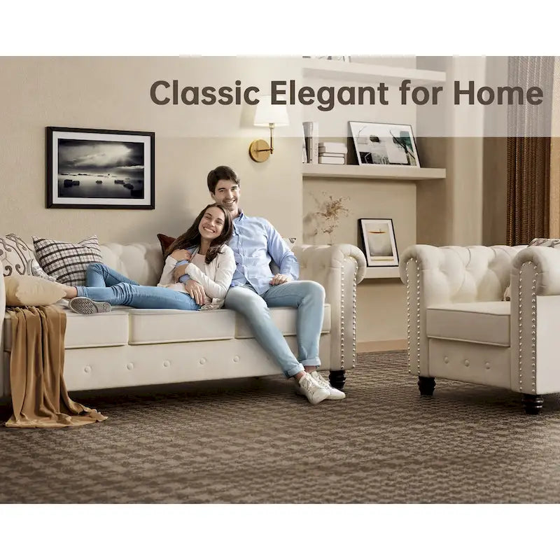 Klassischer, getufteter, samtbezogener Chesterfield-Sessel, Loveseat und Sofa, 3-teilig, mit Nagelkopfverzierung fürs Wohnzimmer von Morden Fort