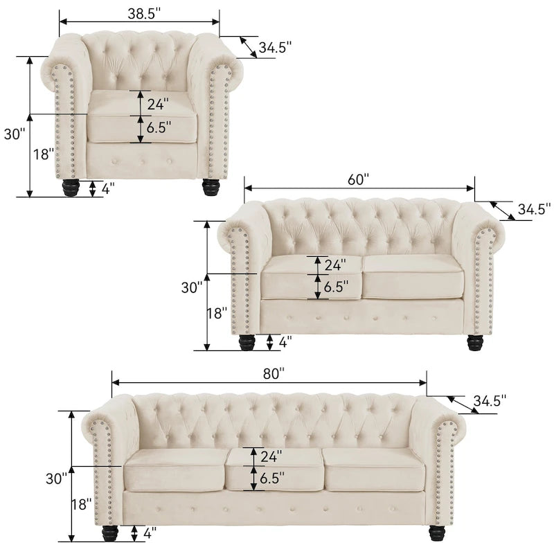 Klassischer, getufteter, samtbezogener Chesterfield-Sessel, Loveseat und Sofa, 3-teilig, mit Nagelkopfverzierung fürs Wohnzimmer von Morden Fort