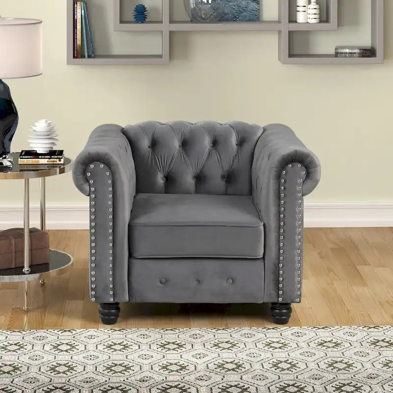 Klassischer, getufteter, samtbezogener Chesterfield-Sessel, Loveseat und Sofa, 3-teilig, mit Nagelkopfverzierung fürs Wohnzimmer von Morden Fort