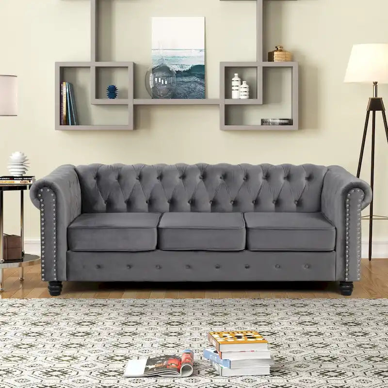 Klassischer, getufteter, samtbezogener Chesterfield-Sessel, Loveseat und Sofa, 3-teilig, mit Nagelkopfverzierung fürs Wohnzimmer von Morden Fort