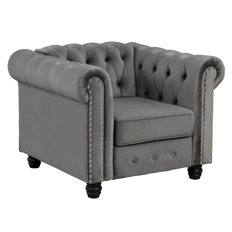 Klassischer, getufteter, samtbezogener Chesterfield-Sessel, Loveseat und Sofa, 3-teilig, mit Nagelkopfverzierung fürs Wohnzimmer von Morden Fort