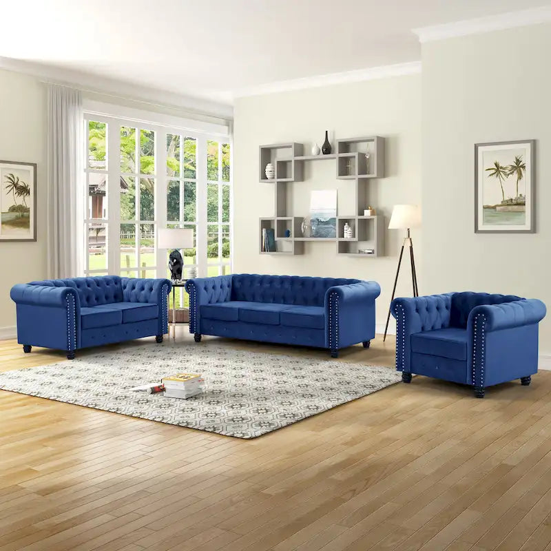 Klassischer, getufteter, samtbezogener Chesterfield-Sessel, Loveseat und Sofa, 3-teilig, mit Nagelkopfverzierung fürs Wohnzimmer von Morden Fort