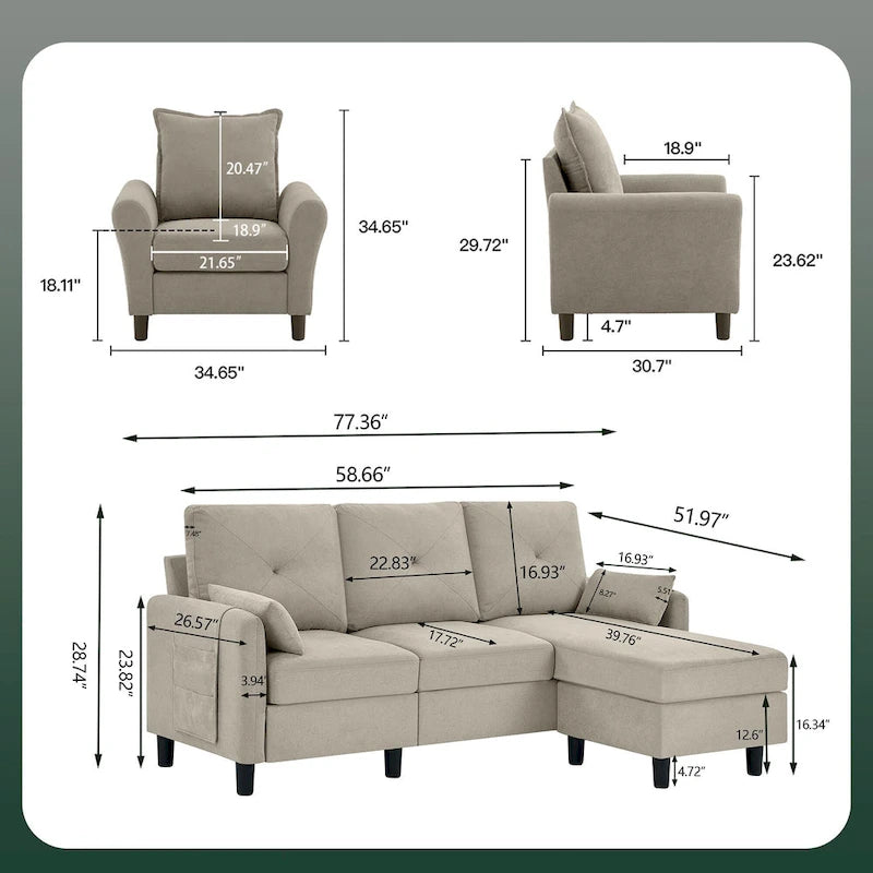 3-teiliges Ecksofa-Set mit Ottomane und Sessel