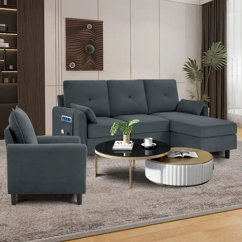 3-teiliges Ecksofa-Set mit Ottomane und Sessel