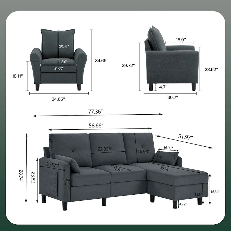 3-teiliges Ecksofa-Set mit Ottomane und Sessel