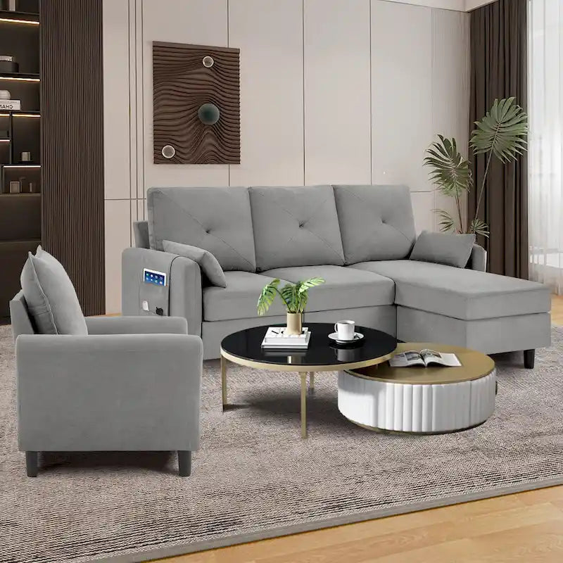 3-teiliges Ecksofa-Set mit Ottomane und Sessel