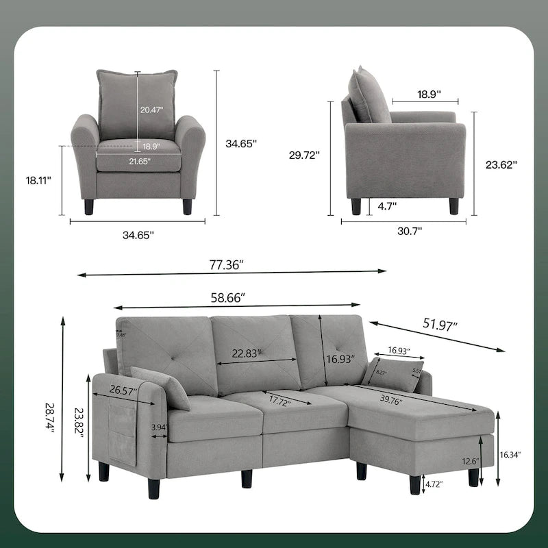 3-teiliges Ecksofa-Set mit Ottomane und Sessel
