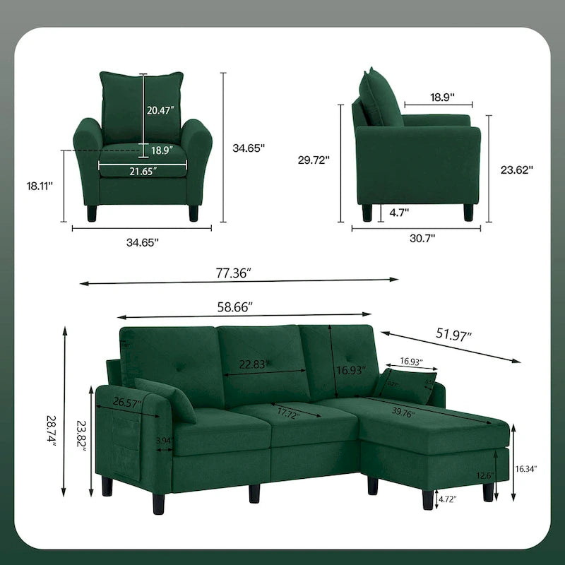 3-teiliges Ecksofa-Set mit Ottomane und Sessel