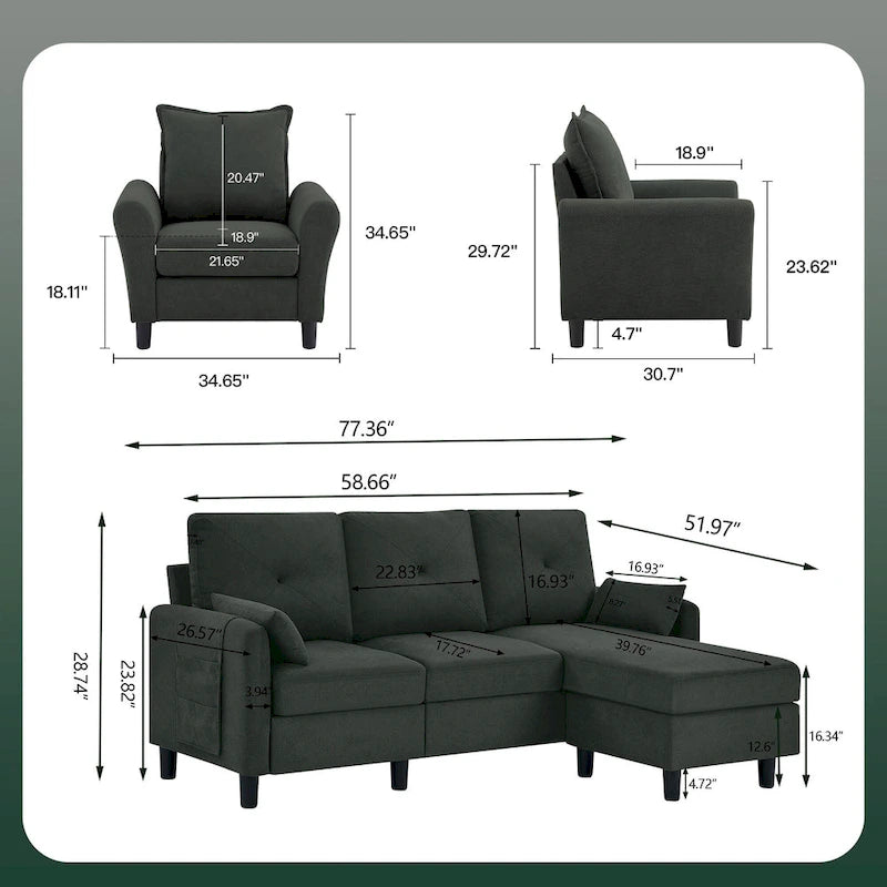3-teiliges Ecksofa-Set mit Ottomane und Sessel
