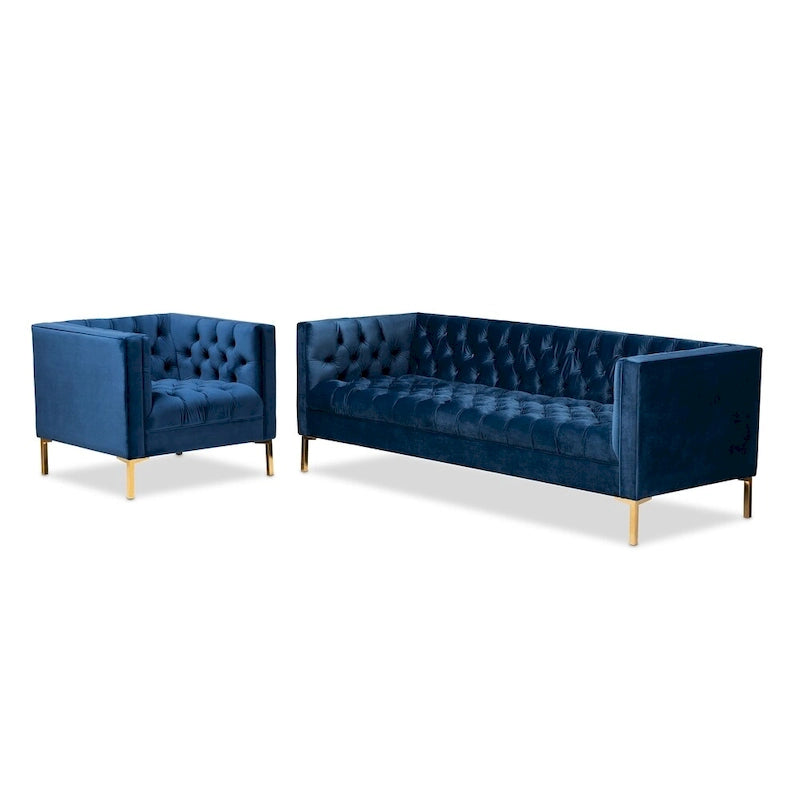 2-delige set van glamoureus fluweel en goudkleurige bank en loungestoel