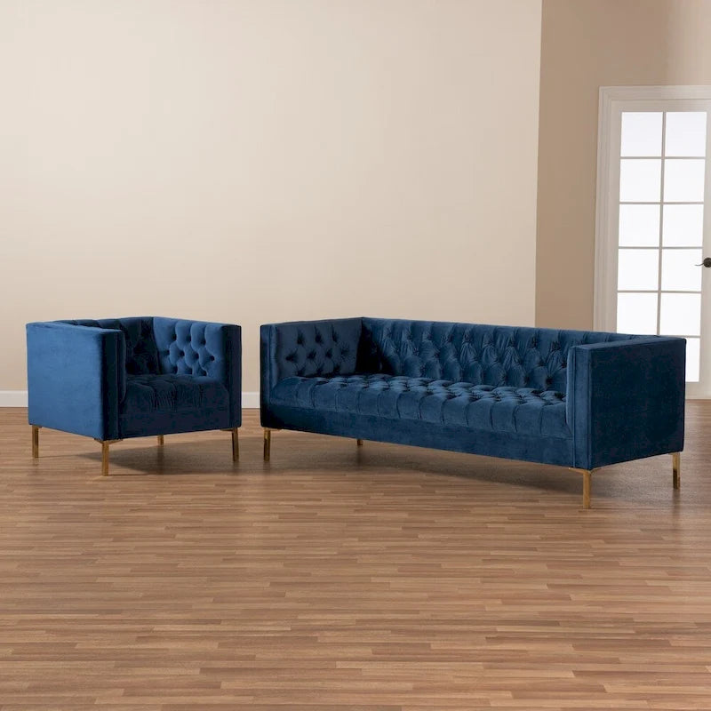 2-delige set van glamoureus fluweel en goudkleurige bank en loungestoel