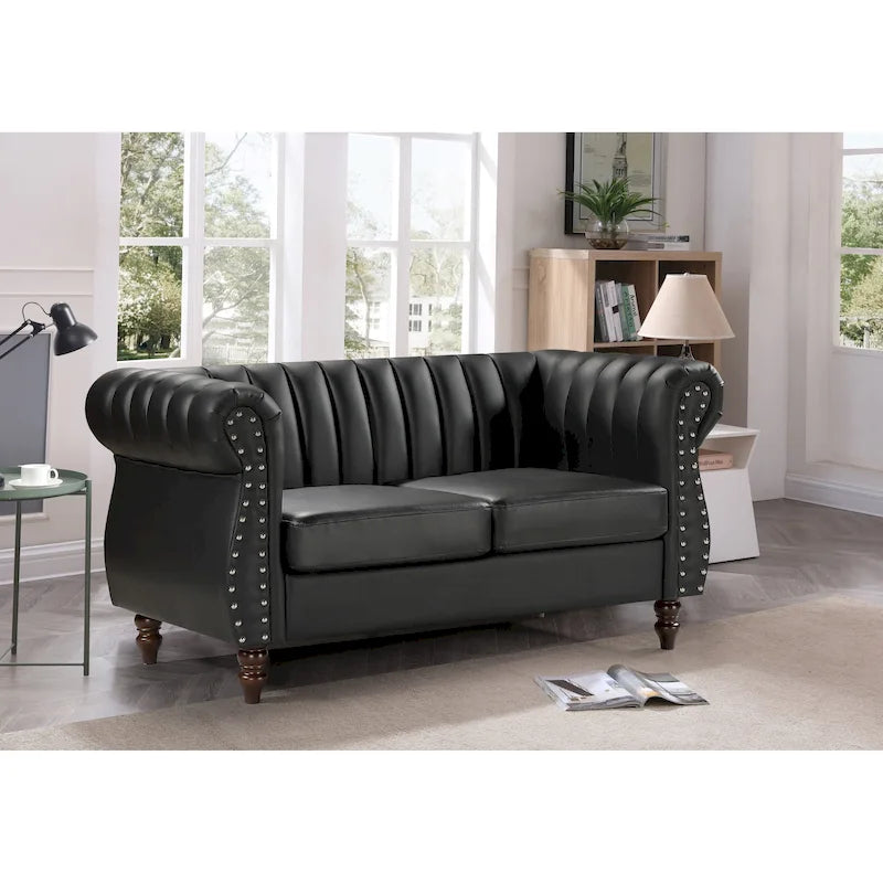 Sofá de dos plazas Capri de cuero sintético estilo Chesterfield con brazos enrollados