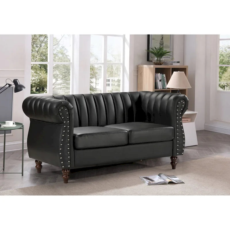 Sofá de dos plazas Capri de cuero sintético estilo Chesterfield con brazos enrollados