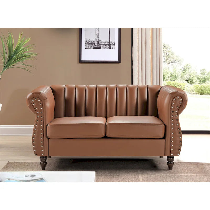 Sofá de dos plazas Capri de cuero sintético estilo Chesterfield con brazos enrollados