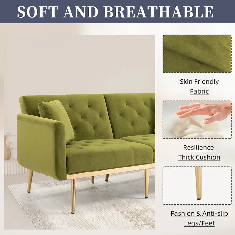 Fluwelen gestoffeerde gecapitonneerde loveseat-slaapbank met roségouden poten