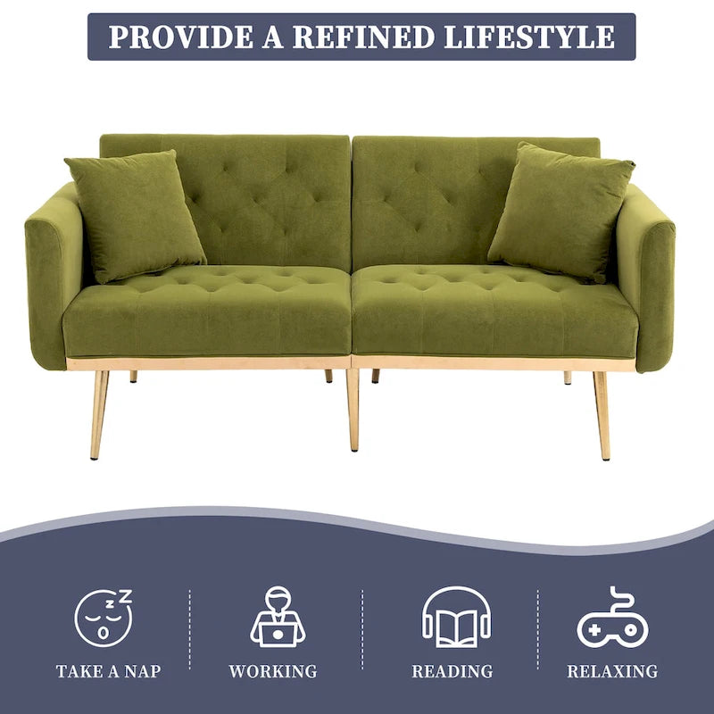 Fluwelen gestoffeerde gecapitonneerde loveseat-slaapbank met roségouden poten