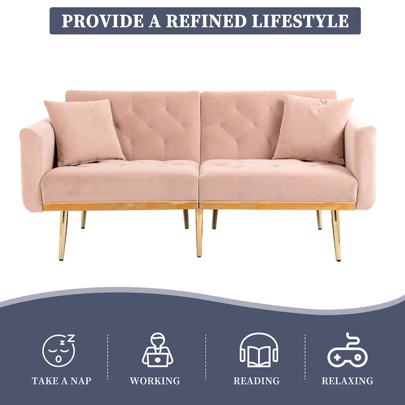 Fluwelen gestoffeerde gecapitonneerde loveseat-slaapbank met roségouden poten