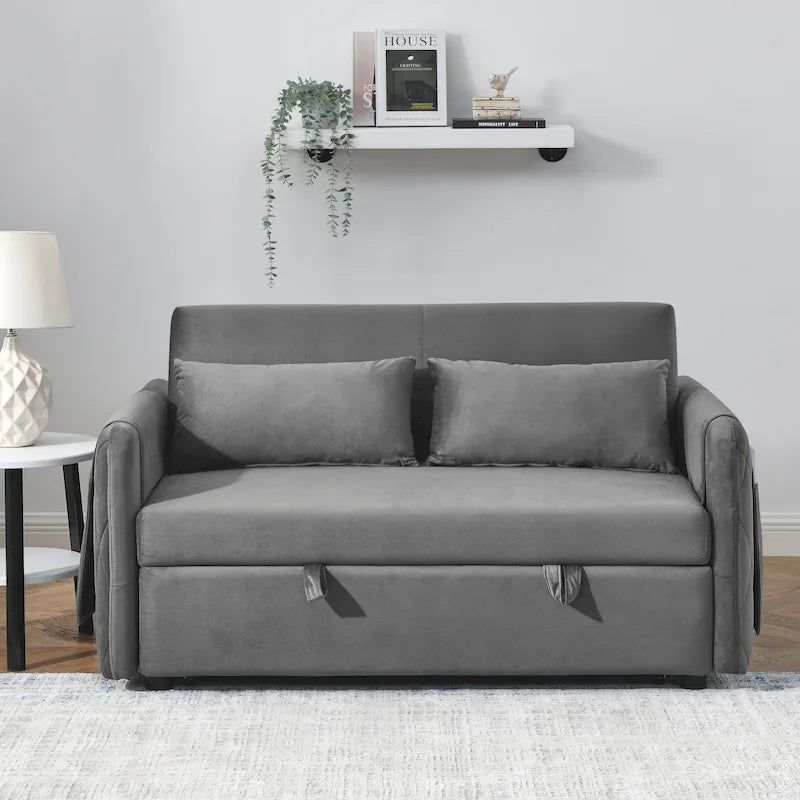 Sofá biplaza convertible moderno de terciopelo, sofá cama con 2 almohadas