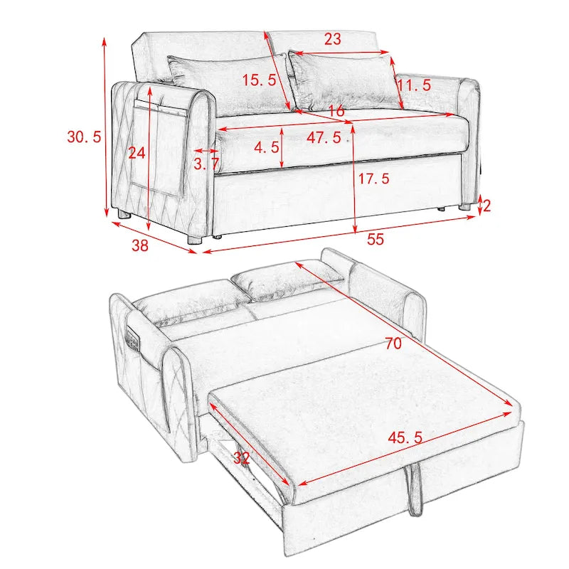 Sofá biplaza convertible moderno de terciopelo, sofá cama con 2 almohadas