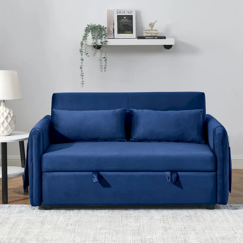Sofá biplaza convertible moderno de terciopelo, sofá cama con 2 almohadas