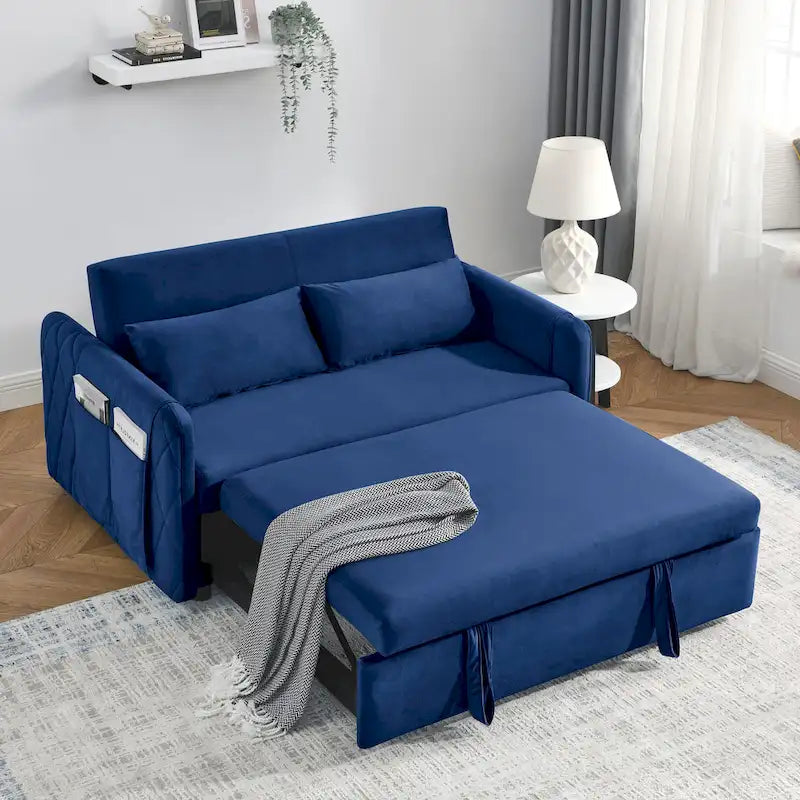 Sofá biplaza convertible moderno de terciopelo, sofá cama con 2 almohadas