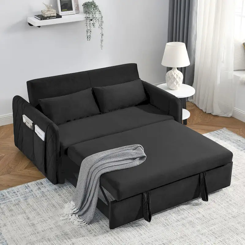 Sofá biplaza convertible moderno de terciopelo, sofá cama con 2 almohadas