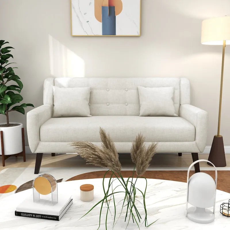 Nowoczesna pikowana sofa dwuosobowa z tapicerką lnianą