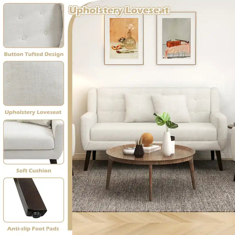Nowoczesna pikowana sofa dwuosobowa z tapicerką lnianą
