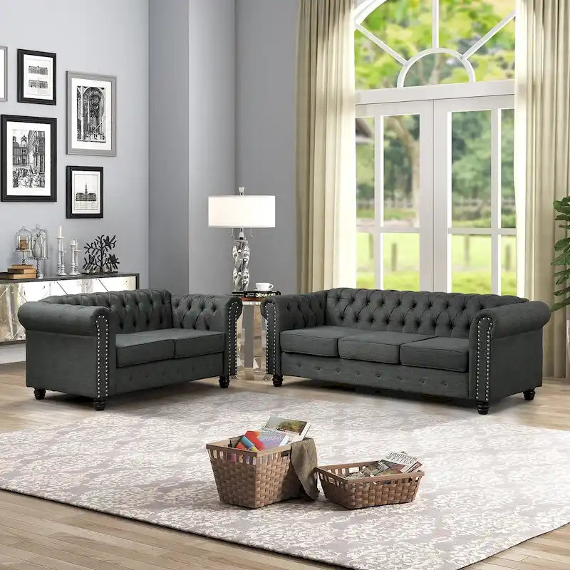 Set Chesterfield Morden Fort imbottito con trapuntatura, divano a 2 posti e divano, 2 PEZZI per il soggiorno, tessuto, lino