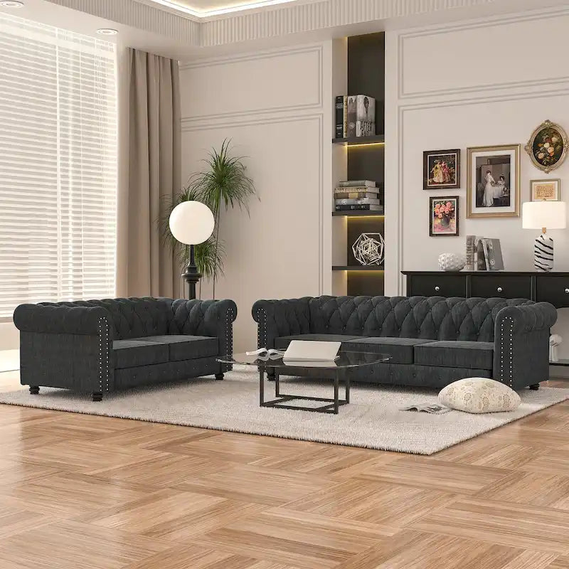 Set Chesterfield Morden Fort imbottito con trapuntatura, divano a 2 posti e divano, 2 PEZZI per il soggiorno, tessuto, lino