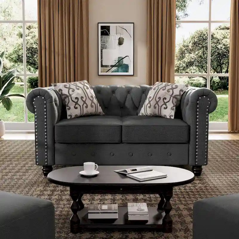 Set Chesterfield Morden Fort imbottito con trapuntatura, divano a 2 posti e divano, 2 PEZZI per il soggiorno, tessuto, lino