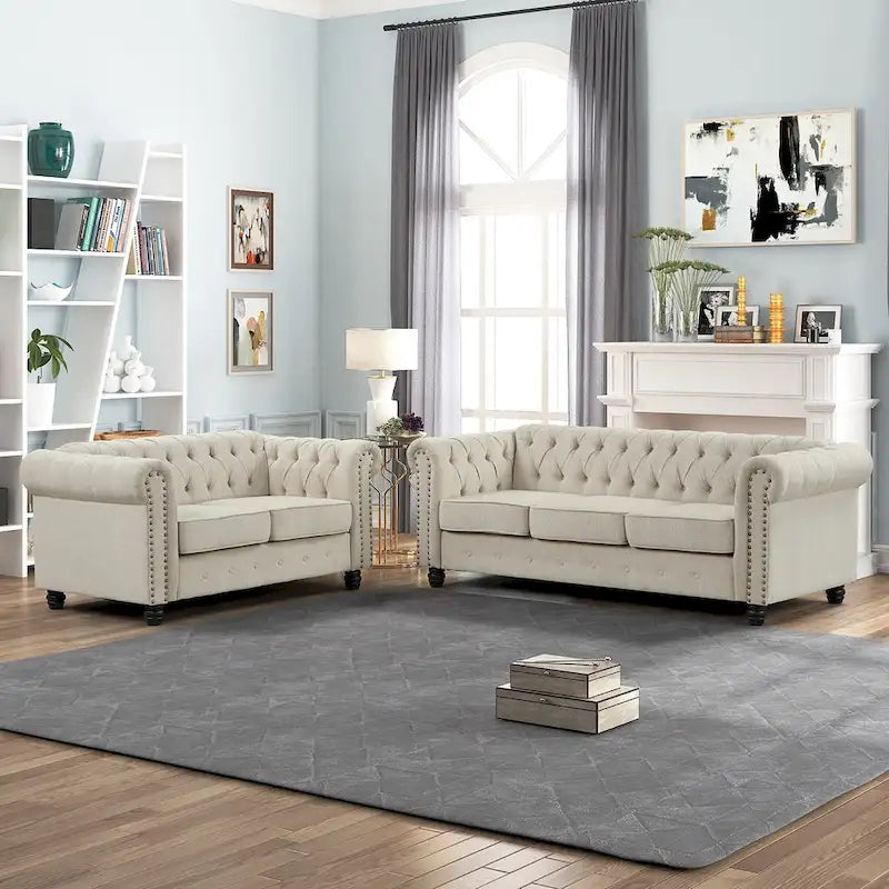 Set Chesterfield Morden Fort imbottito con trapuntatura, divano a 2 posti e divano, 2 PEZZI per il soggiorno, tessuto, lino